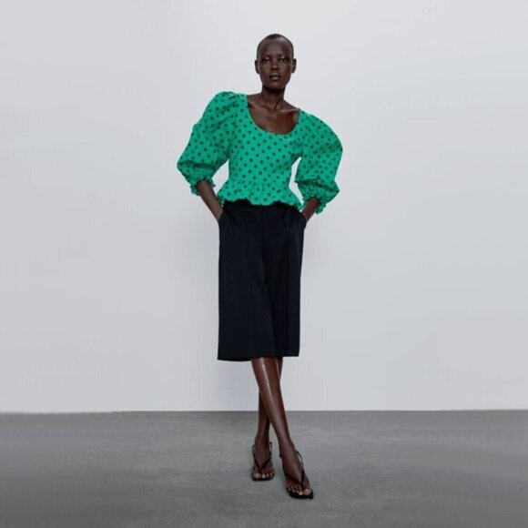 NWT Zara green & black polka dot print blouse top, XS - Picture 3 of 9